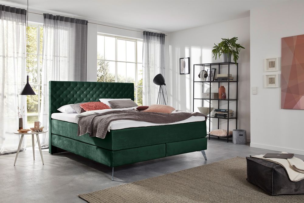 KAWOLA Bett SINDAR Boxspringbett Stoff dunkelgrün