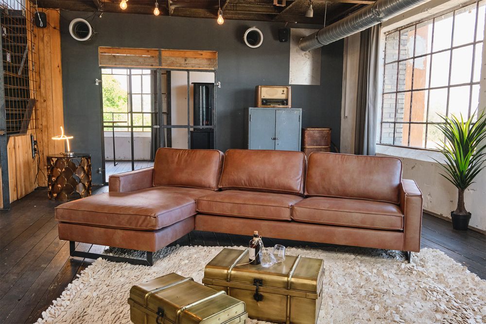 B-Ware KAWOLA Ecksofa VILNIUS 3-Sitzer mit Longchair links Kunstleder mit Lederanteil cognac