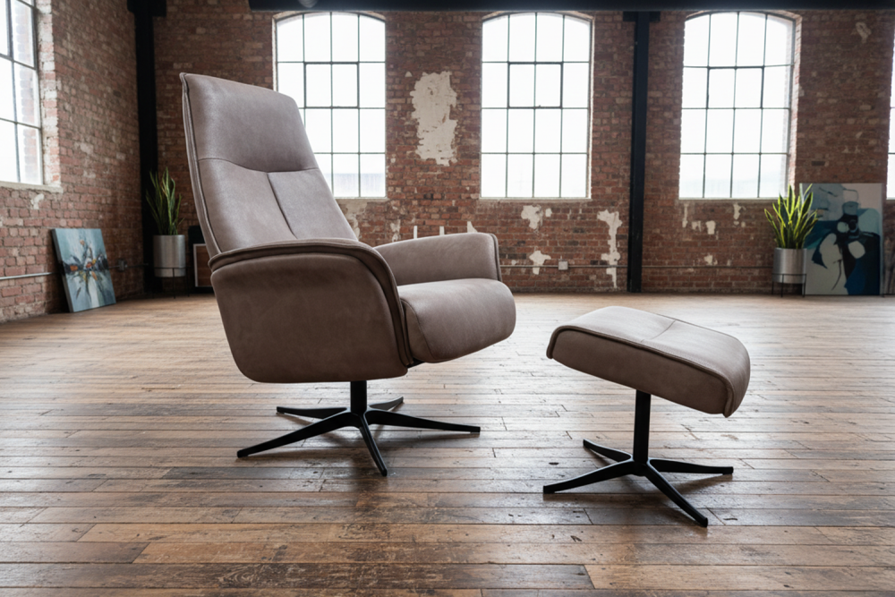 KAWOLA Relaxsessel JOSIANE Drehsessel Lederfaserstoff anthrazit mit Hocker