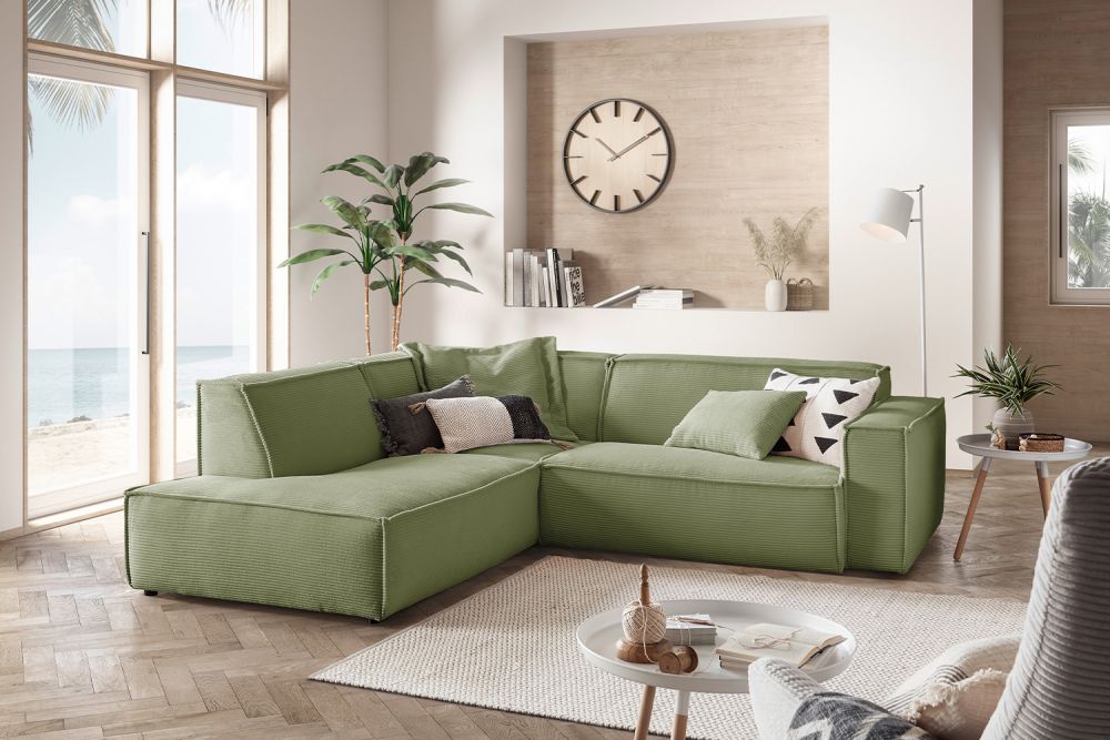 B-Ware KAWOLA Sofa SAMU Ecksofa Cord olivgrün Recamiere links