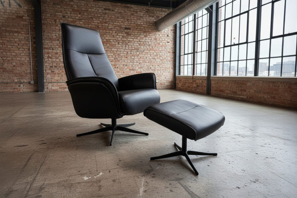 KAWOLA Relaxsessel JOSIANE Drehsessel Leder schwarz mit Hocker