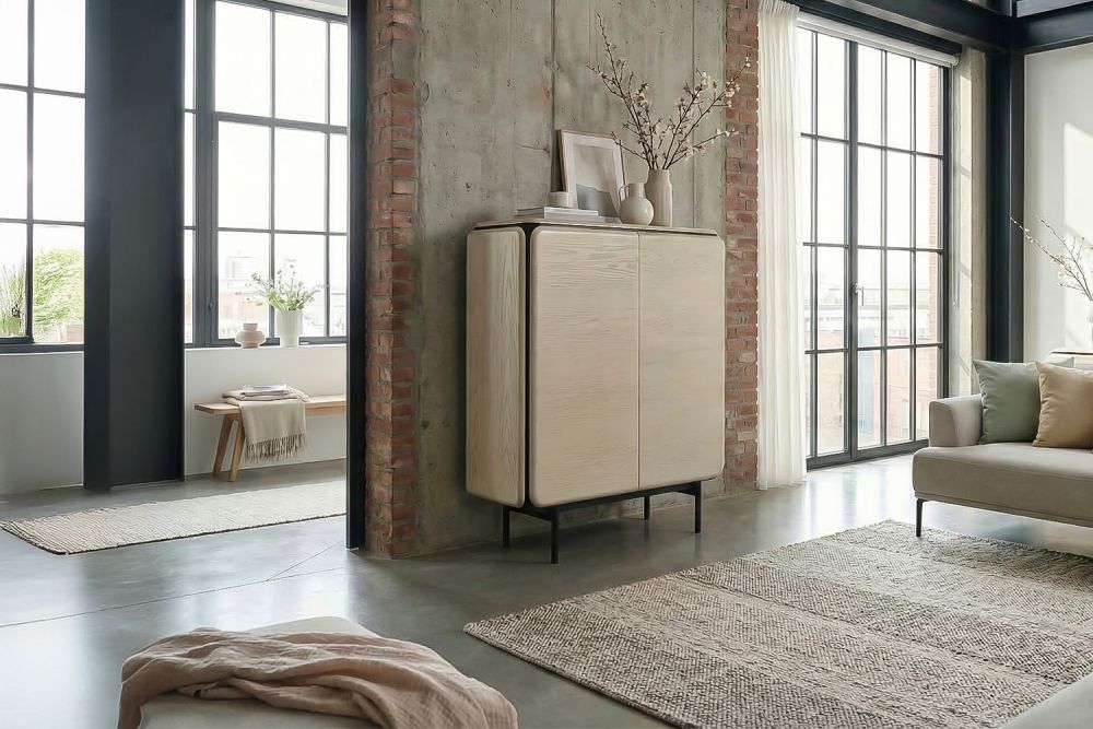 KAWOLA Highboard AVRIL 2 Türen Eiche furniert grau