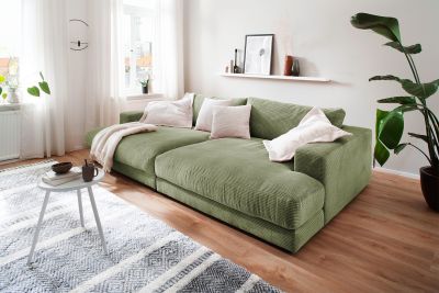 KAWOLA Big Sofa MADELINE Cord olivgrün 170 cm;ohne Holztablett
