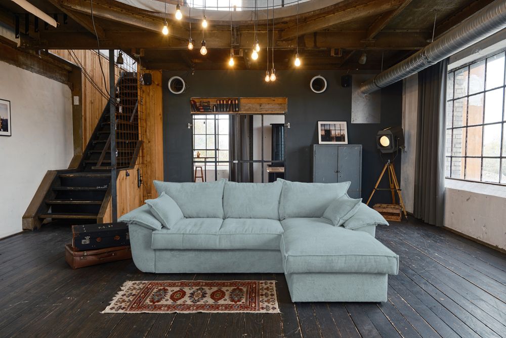 KAWOLA Sofa ASOKA Ecksofa Bettsofa Schlafsofa mit Stauraum Cord hellblau