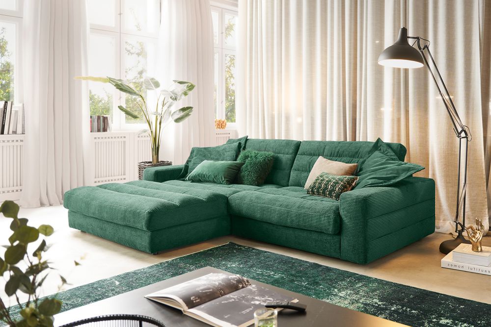 KAWOLA Sofa LANA Ecksofa Cord smaragd Recamiere links