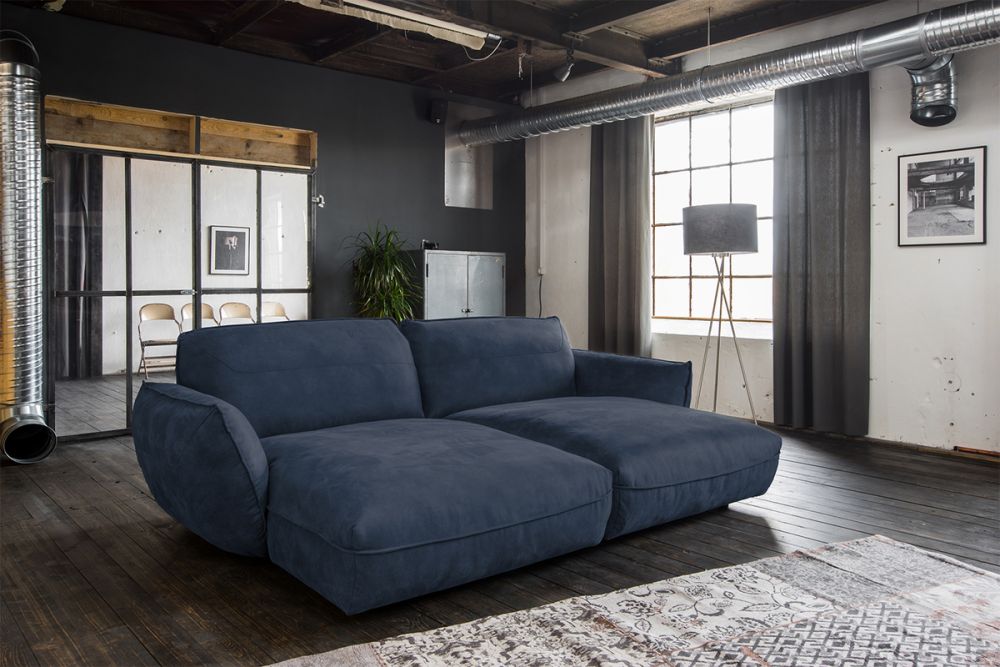 KAWOLA Sofa DAVITO Big Sofa Longchair Lederimitat im Vintagelook dunkelblau