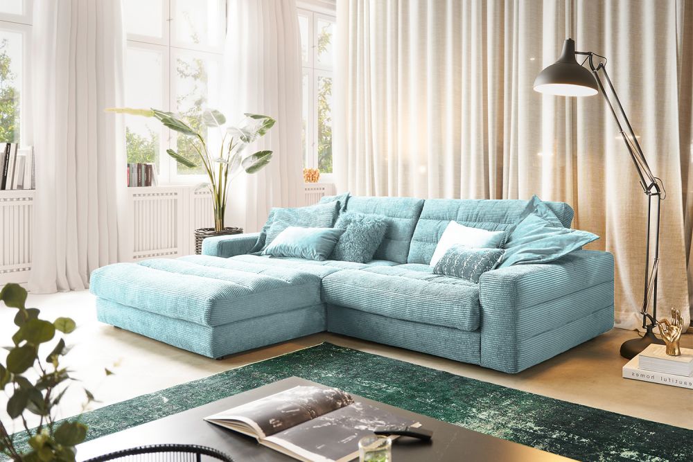 KAWOLA Sofa LANA Ecksofa Cord hellblau Recamiere links