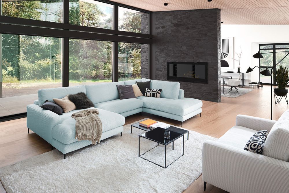 KAWOLA Sofa CARA Wohnlandschaft U-Form Cord hellblau