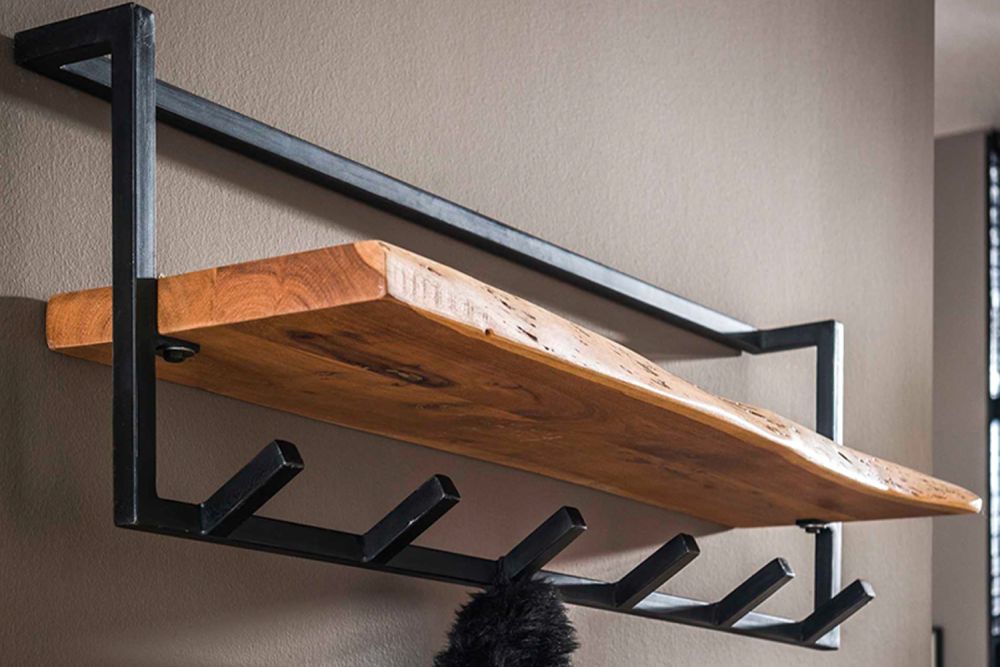 KAWOLA Garderobe NEREA Akazie Metall Hutablage mit Baumkante 6 Haken schwarz