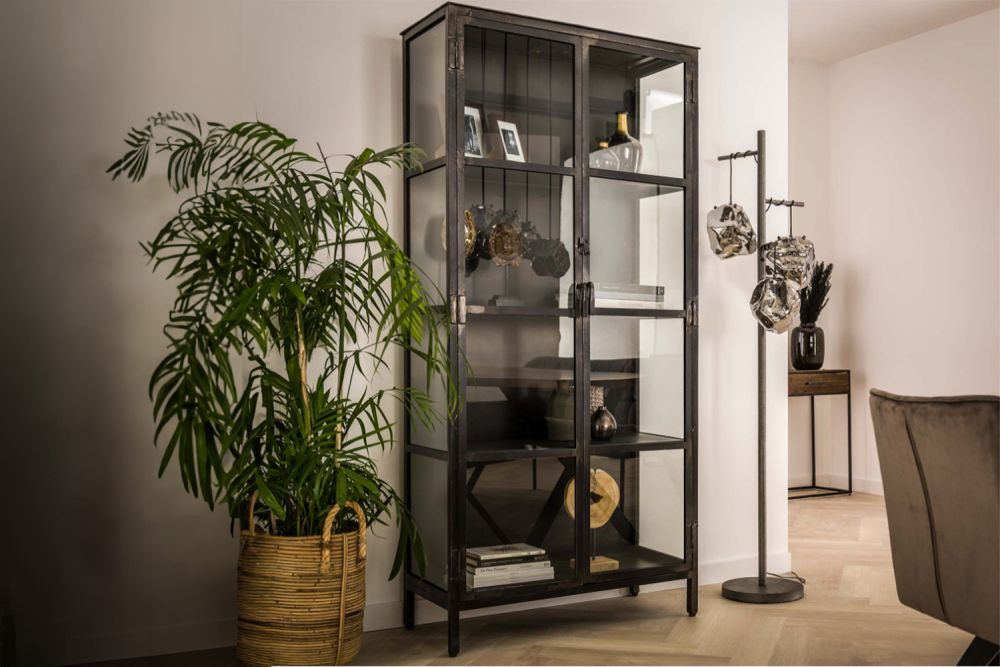 KAWOLA Highboard ARLES Vitrine Metall schwarz 2 Türen