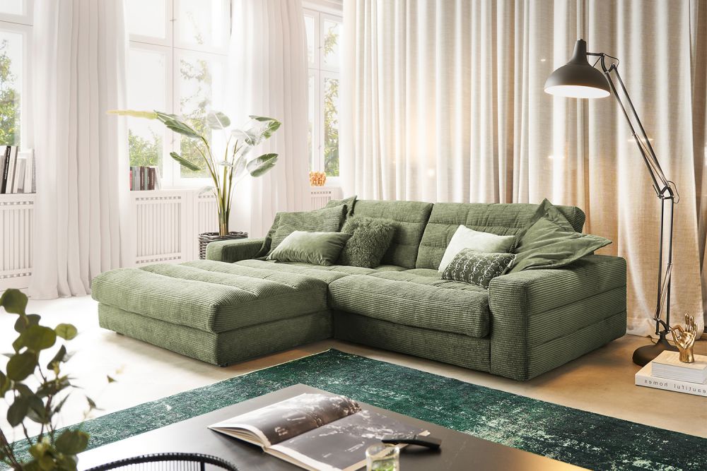 KAWOLA Sofa LANA Ecksofa Cord olivgrün Recamiere links