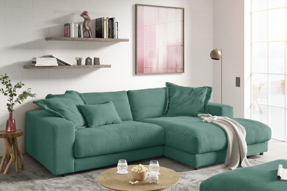 KAWOLA Sofa MADELINE Ecksofa mit Longchair Cord smaragd