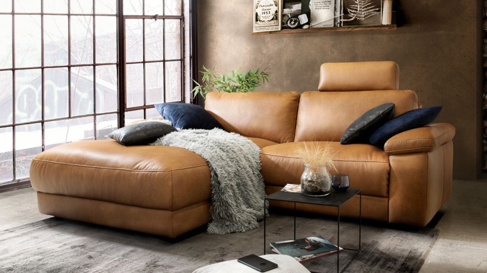 KAWOLA Sofa LOLA Ecksofa Leder cognac mit motorischer Relaxfunktion